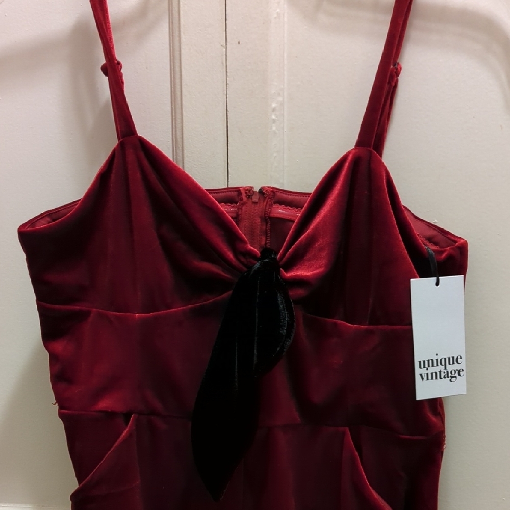 Unique Vintage Burgundy Velvet Dress with Black Accent